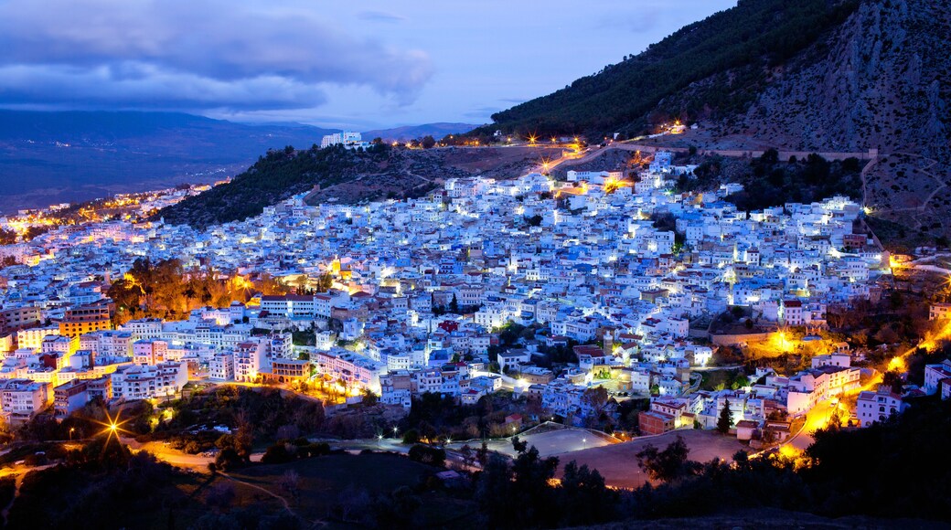 Panorama of blue Medina of Chefchaouen city at sunset in Morocco, Africa