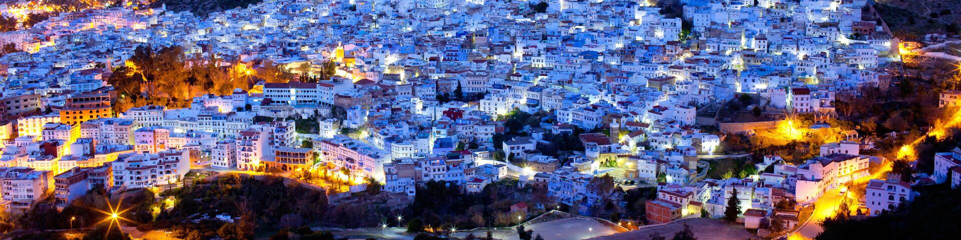 Panorama of blue Medina of Chefchaouen city at sunset in Morocco, Africa