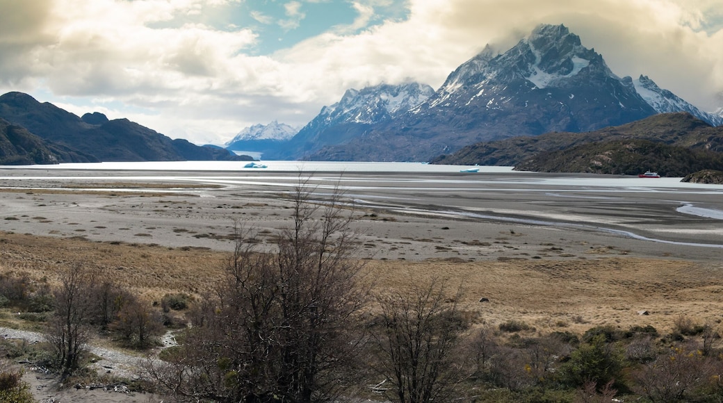 Breathtaking Sunrise over Torres Del Paine Mountain Range and Glacier Grey in Patagonia Chile