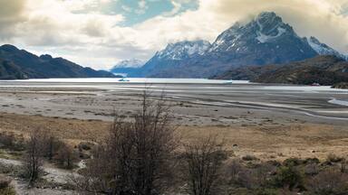 Breathtaking Sunrise over Torres Del Paine Mountain Range and Glacier Grey in Patagonia Chile