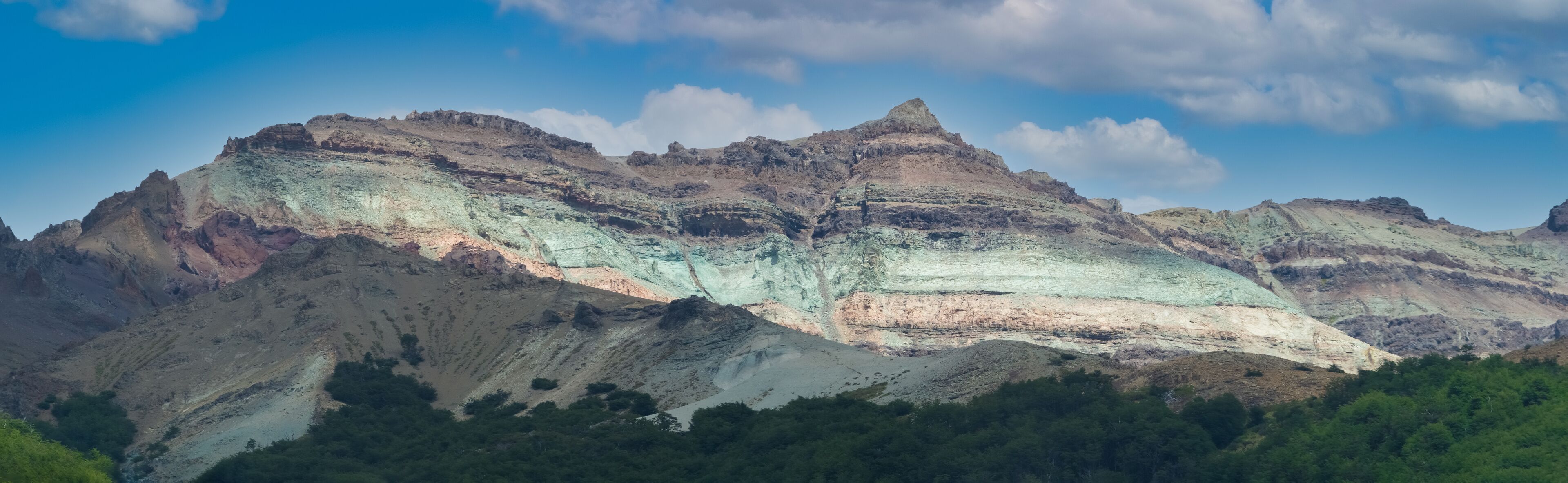 Stunning variegated mountains along the mythical carretera Austral (Southern Way), Chile's Route 7. It runs through forests, fjords, glaciers, canals and steep mountains in rural Patagonia