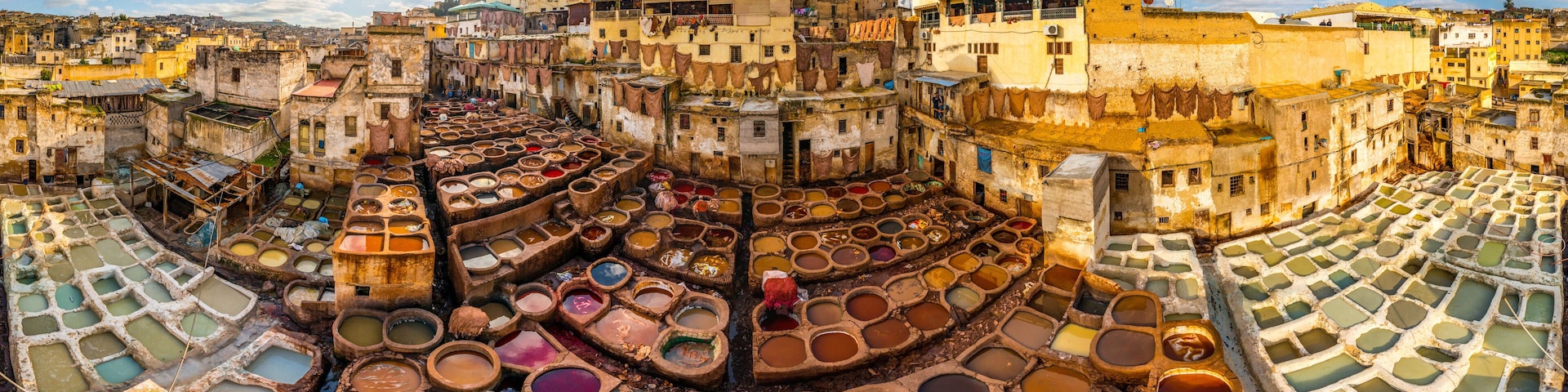 Aerial view of traditional Chouara tannery installation at Fes, Morocco.