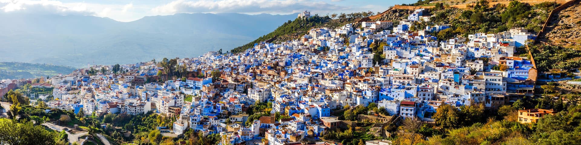 A densely packed hillside town with buildings painted in blue and white, surrounded by greenery and mountains in the background.