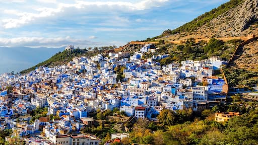 Une ville pittoresque, construite sur une colline et caractérisée par des bâtiments aux couleurs bleu et blanc, entourée de verdure et dominée par des montagnes en arrière-plan.