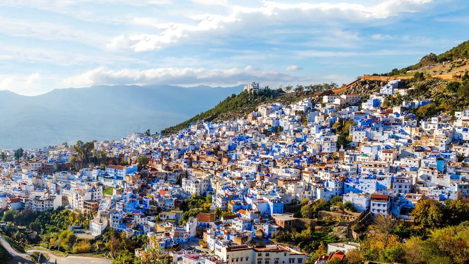 A densely packed hillside town with buildings painted in blue and white, surrounded by greenery and mountains in the background.
