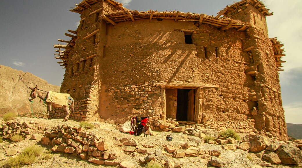 View of an old house in the countryside landscape in Morocco on a sunny day. Aitbougamaz, azilal, morocco