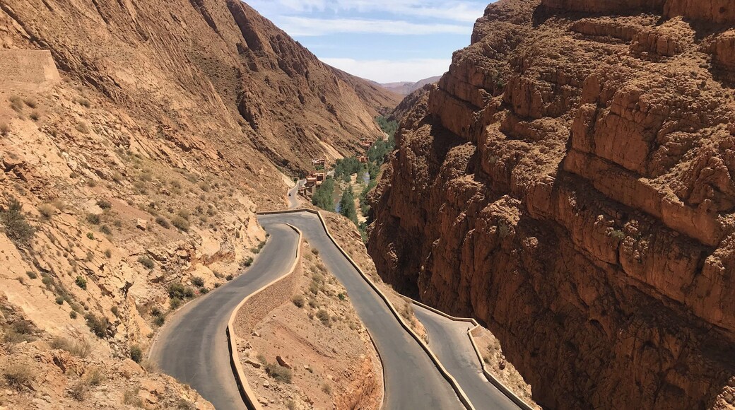 Road leading down into Dades Gorge where an oasis of plants, a Berber village and water live between beautiful sandstone mountains. #dadesgorge #morocco #africa #berber #earthbound #travel #slowtravel #travelmorocco #mountains #sandstonemountains #moroccanmountains #roadtrip #ilovemorocco #flashpackingbarbie