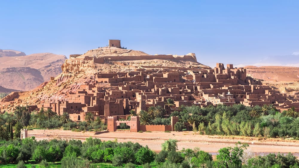 Ait Benhaddou Kasbah, Ait Ben Haddou, Ouarzazate, Morocco. Web banner in panoramic view.