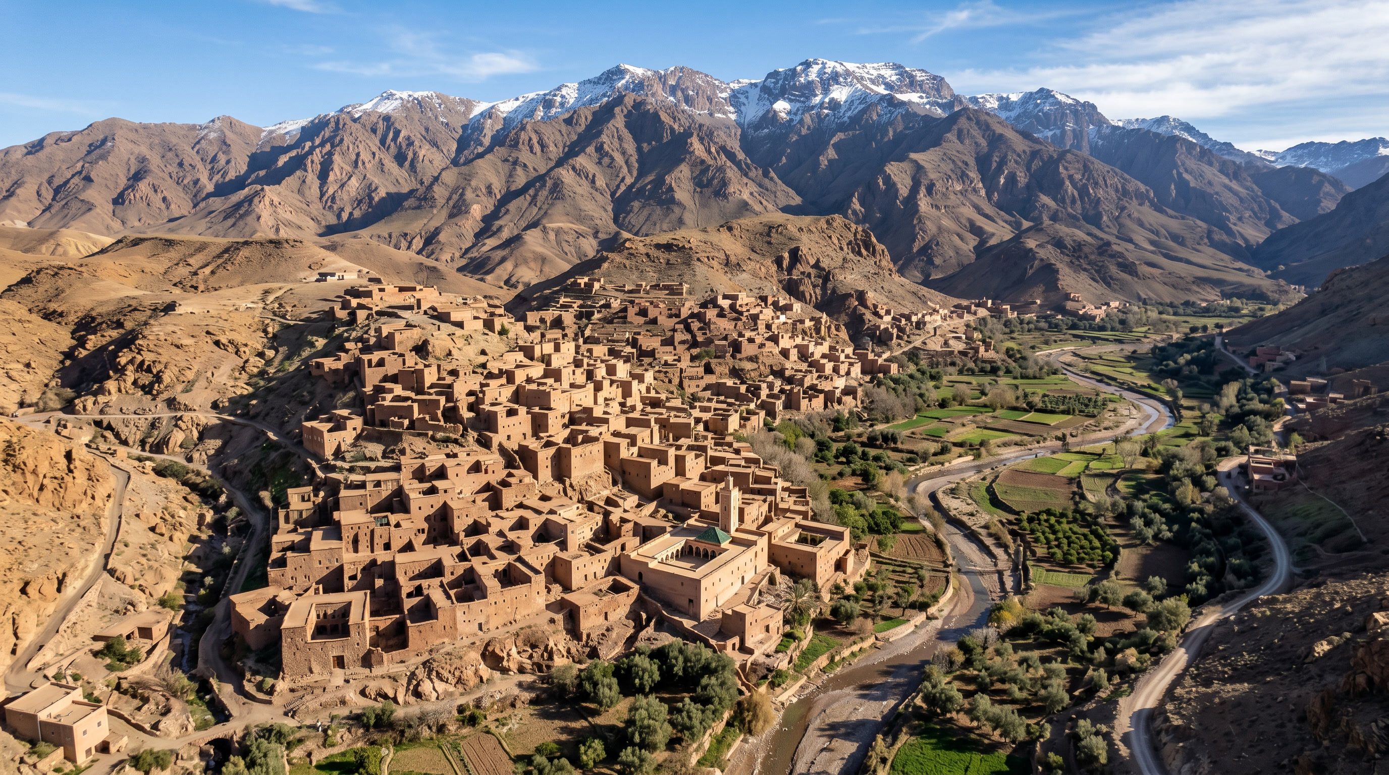 Aerial view of Houses of clay at the foot of the mountains. Old berber architecture in High Atlas Mountains region in Morocco. 
