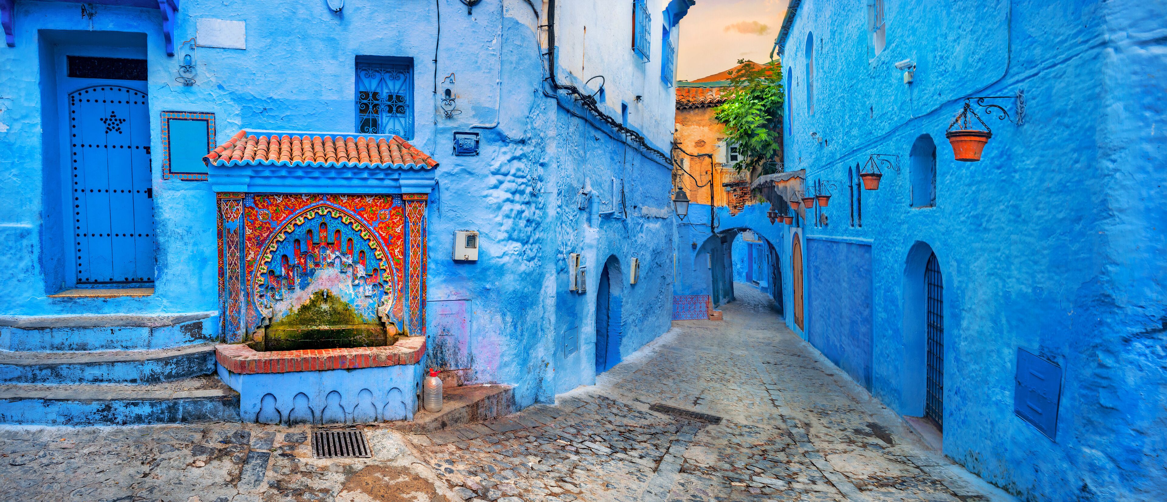 A narrow cobblestone street flanked by buildings painted in vibrant blue, with a decorative door and steps leading to a small fountain.