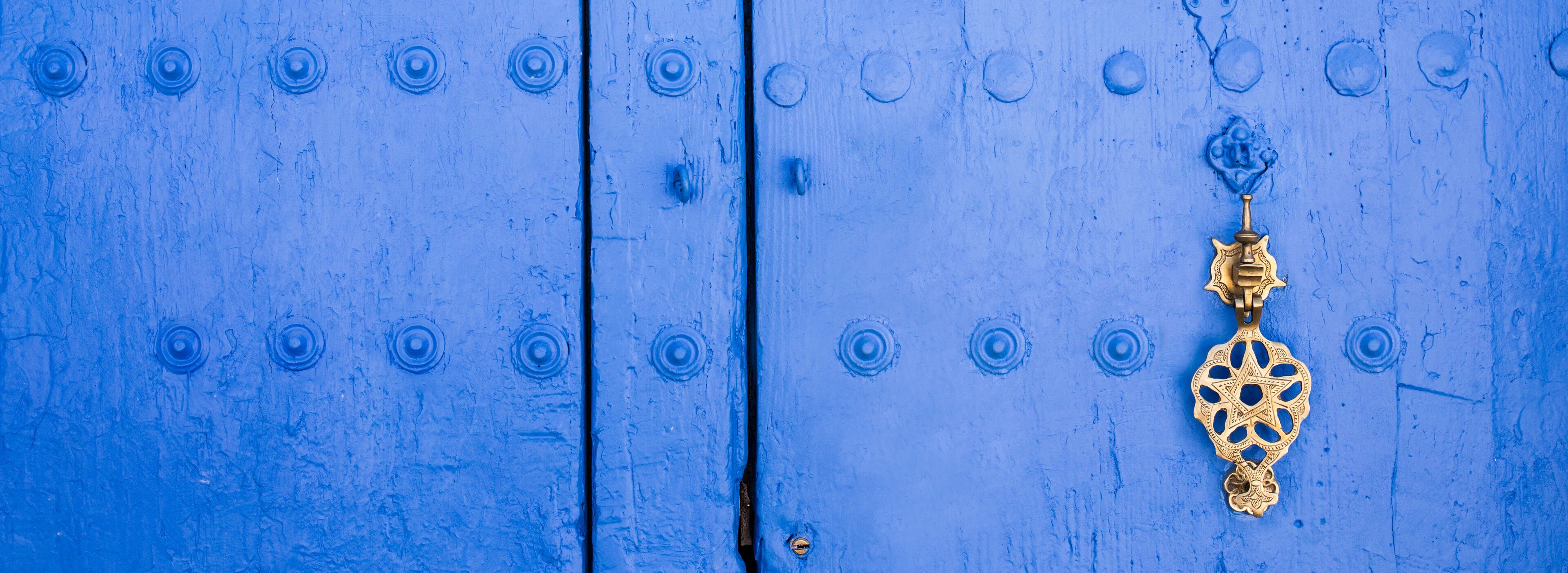A blue wooden door with circular nail heads and a brass door knocker.