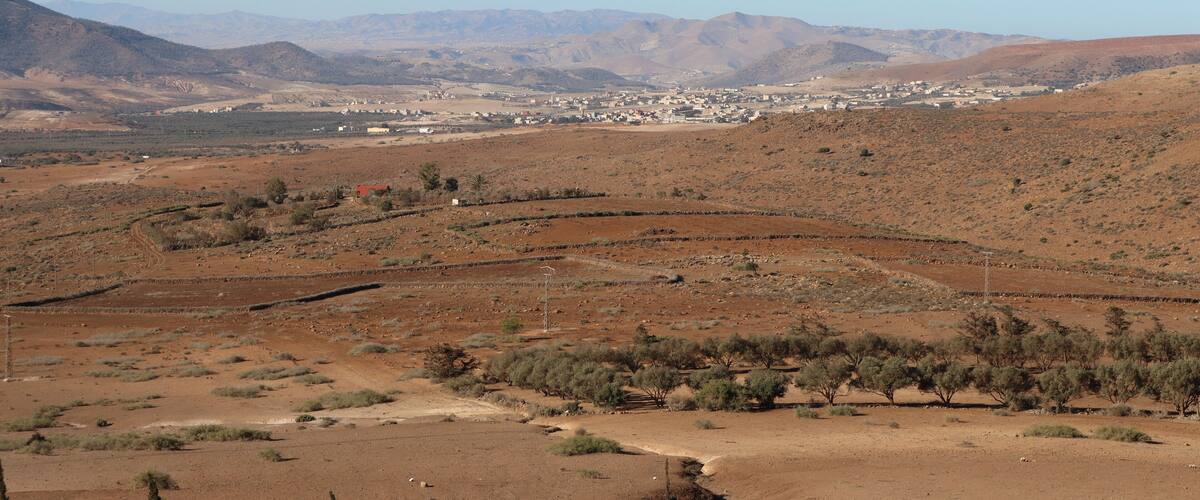 A desert landscape with sparse vegetation, a small settlement, and distant mountains.