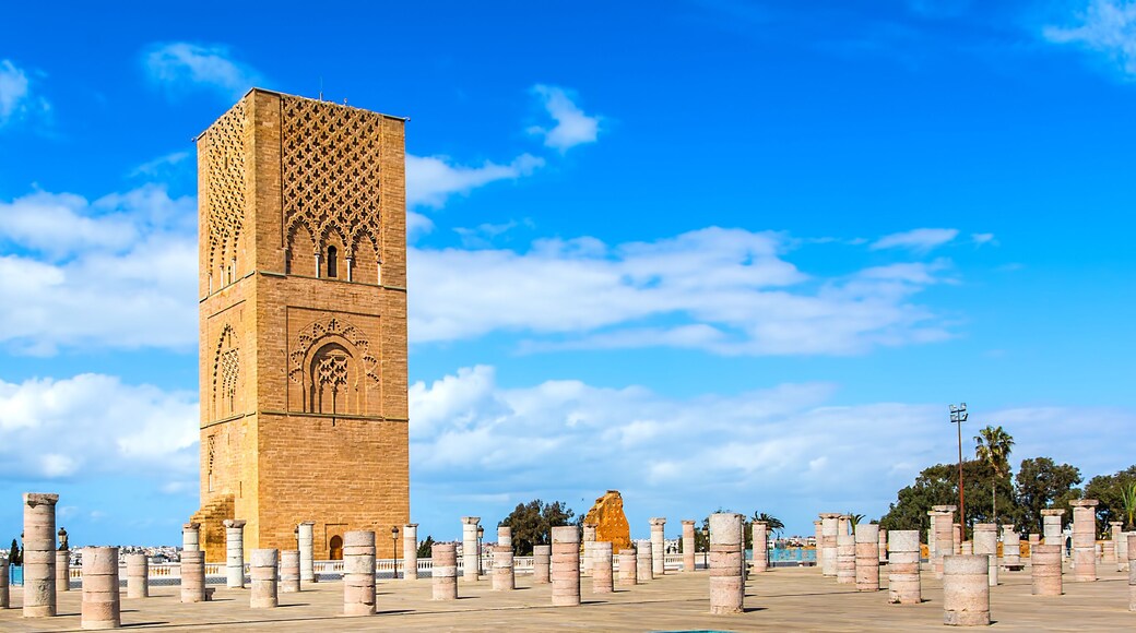 Beautiful square with Hassan tower at Mausoleum of Mohammed V in Rabat, Morocco on sunny day. Panorama