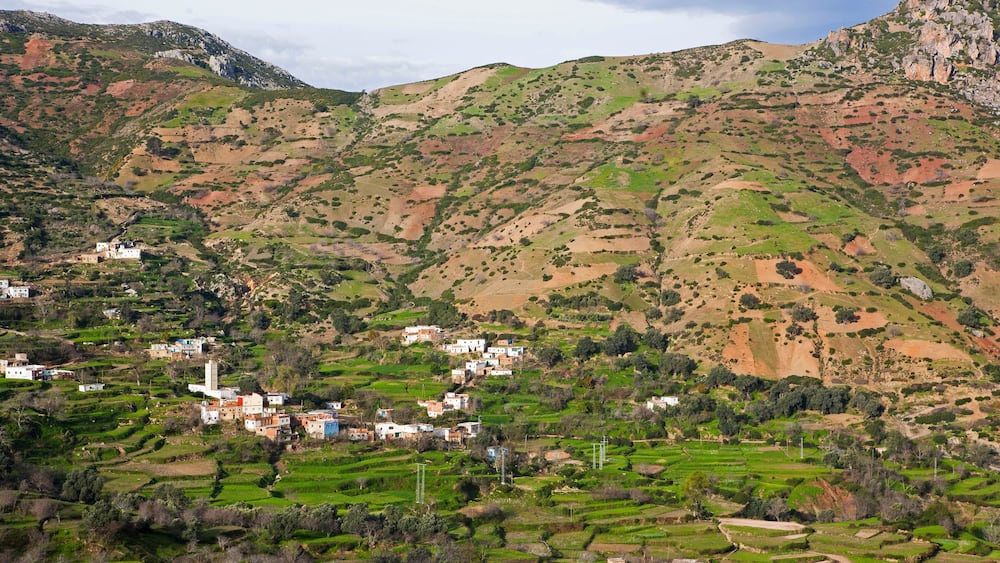 Landscape of the Moroccan rif mountains between the villages of Akchour and Talembote, famous for its cannabis production, Morocco