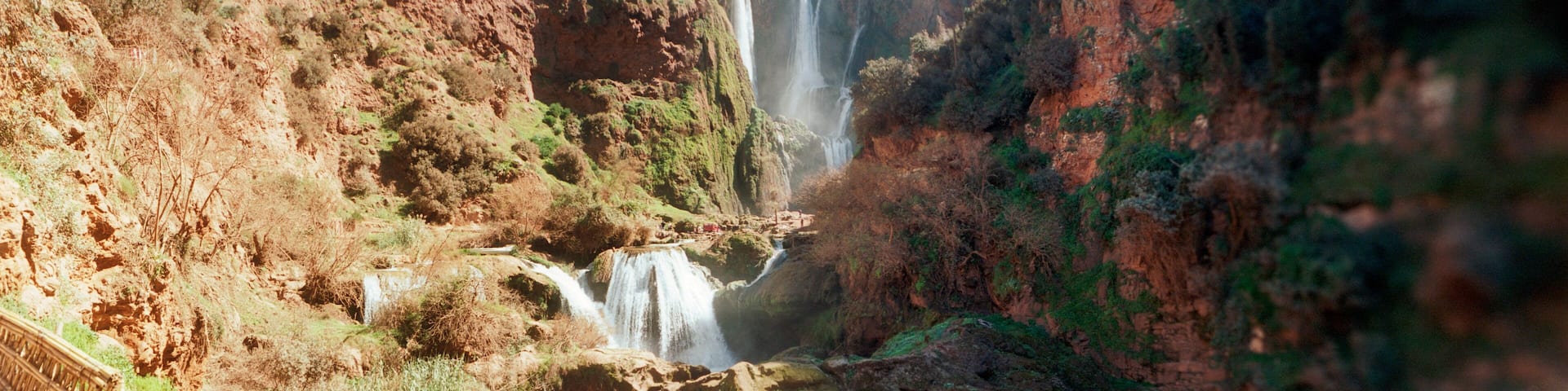 Panoramic view of waterfall, Ouzoud Waterfalls, Grand Atlas, Tanaghmeilt, Azilal, Marrakesh, Morocco.
