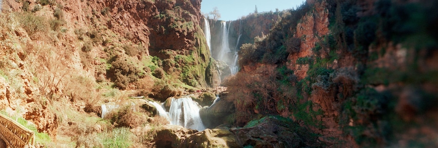 Panoramic view of waterfall, Ouzoud Waterfalls, Grand Atlas, Tanaghmeilt, Azilal, Marrakesh, Morocco.