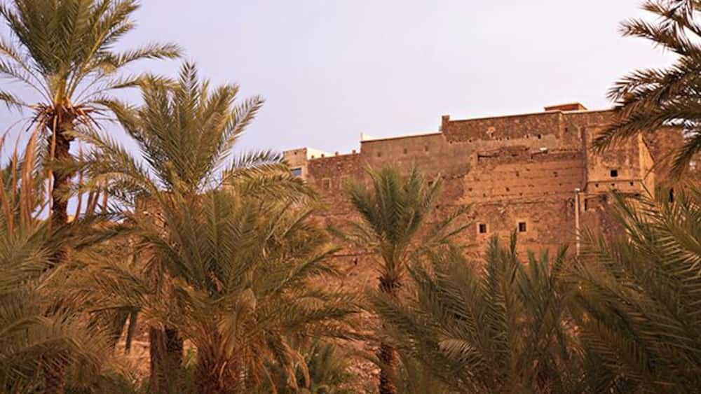 A fortified structure with palm trees in the foreground.