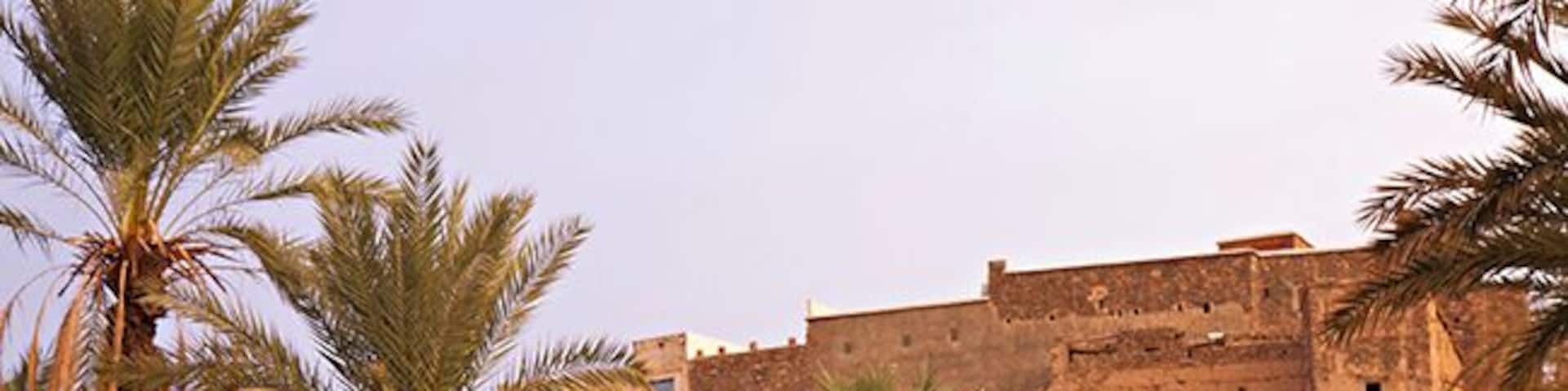 A fortified structure with palm trees in the foreground.