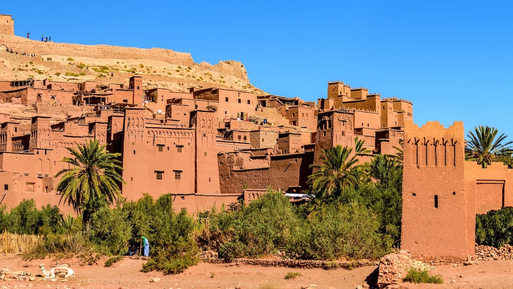 Dusk at Aït Benhaddou. It is a fortified village along the former caravan route between the Sahara and Marrakech in present-day Morocco. It has been a UNESCO World Heritage Site since 1987.