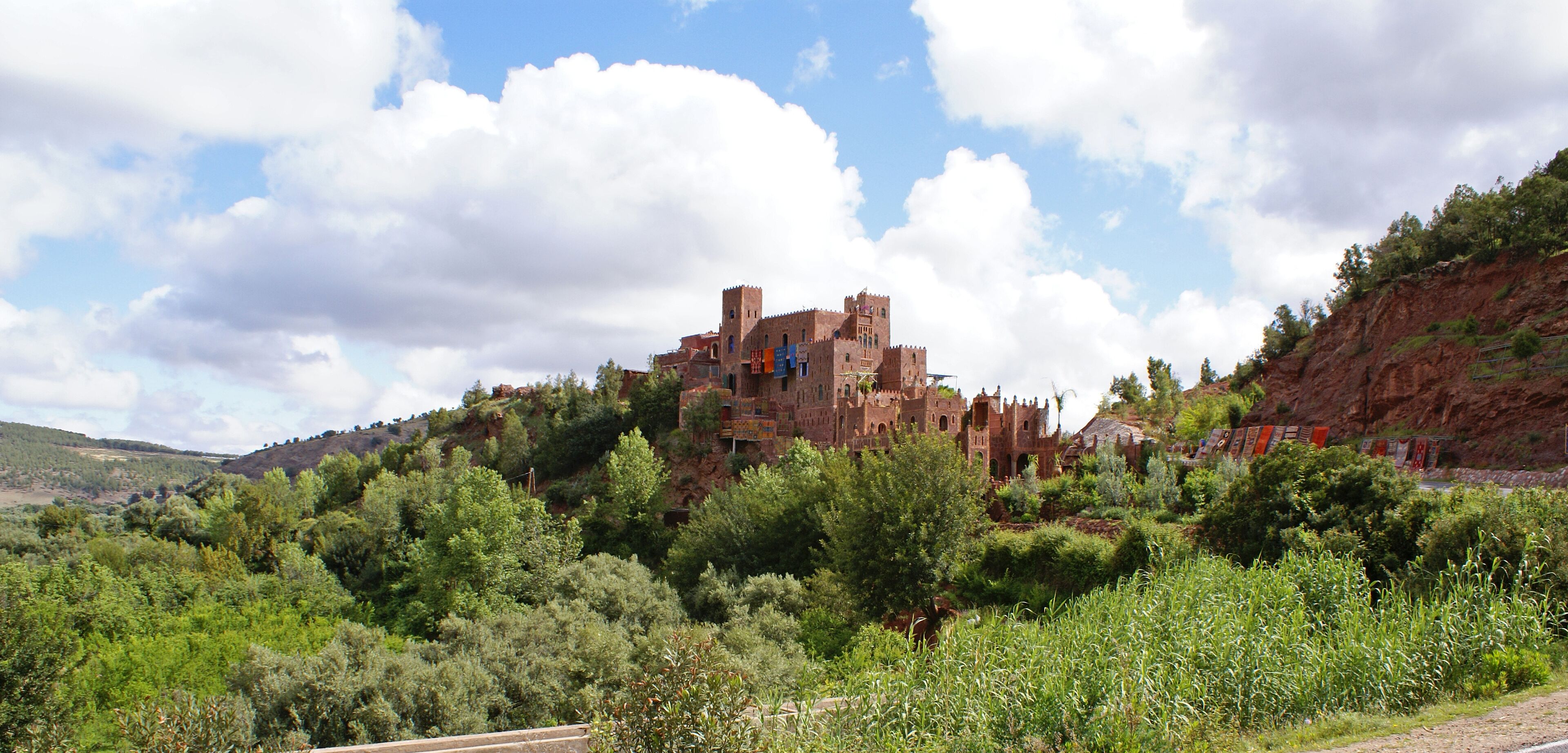 A historic castle on a hill surrounded by lush greenery.