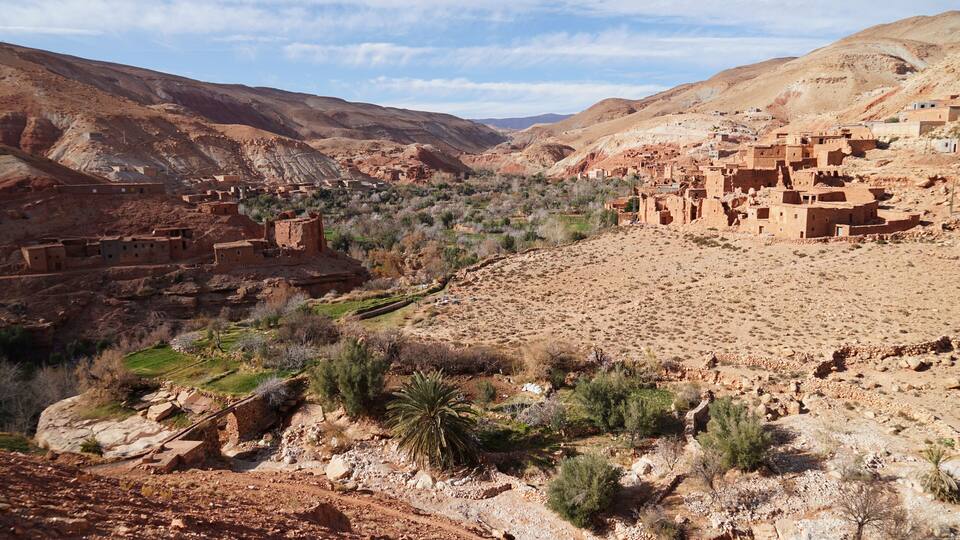 A desert landscape with ancient ruins and sparse vegetation.
