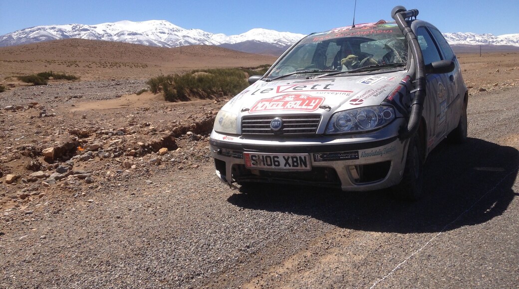 Driving in Morocco north through the High Atlas Mountains. After taking part in the Spring Edition of the Maroc Challenge 2016