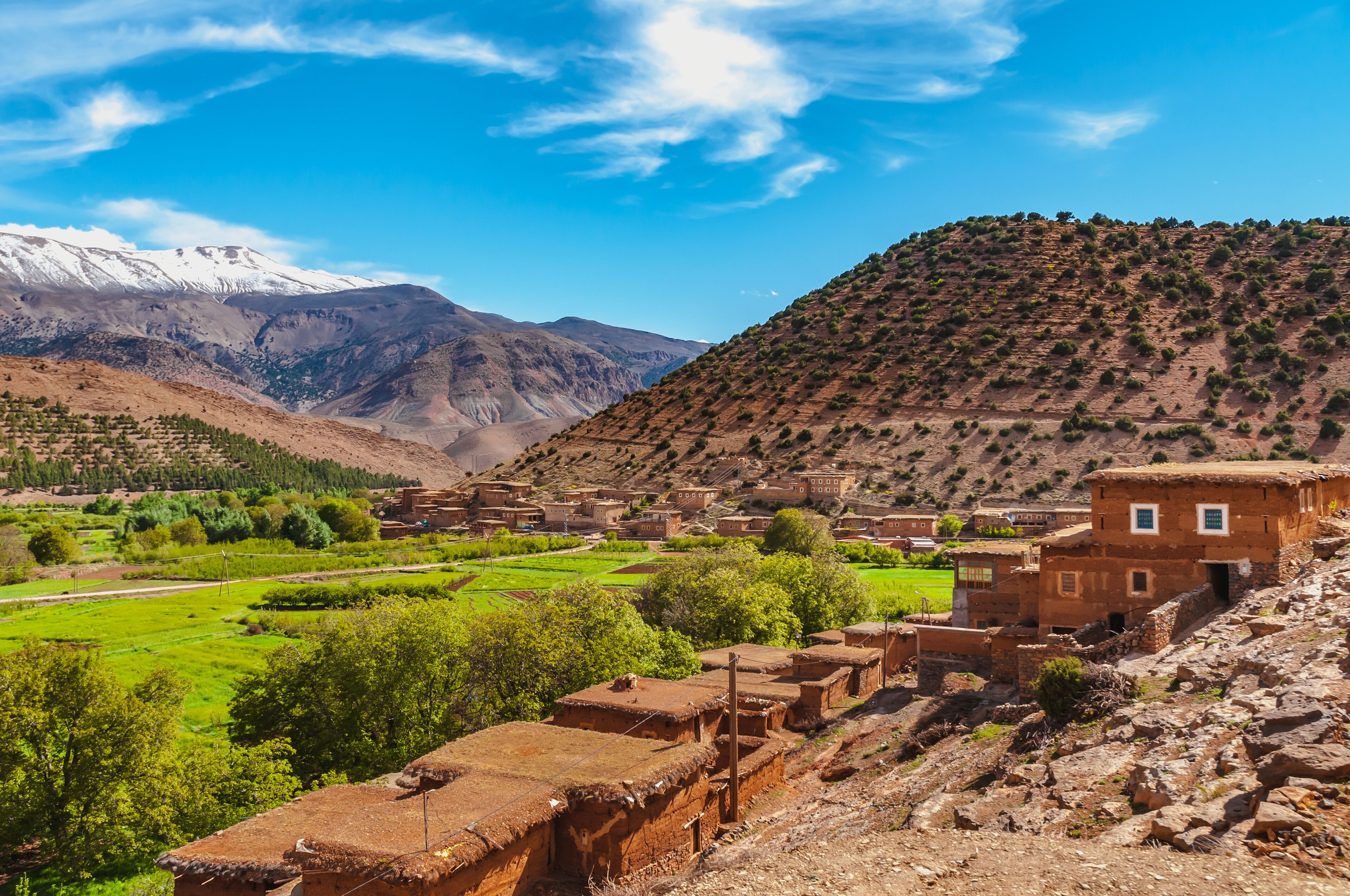 View of adobe house village in the high snow-capped mountains in the Aït Bouguemez valley in Morocco