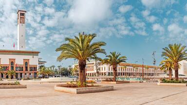 Panoramic view of Mohammed V square with Wilaya building, palm trees in Casablanca, Morocco