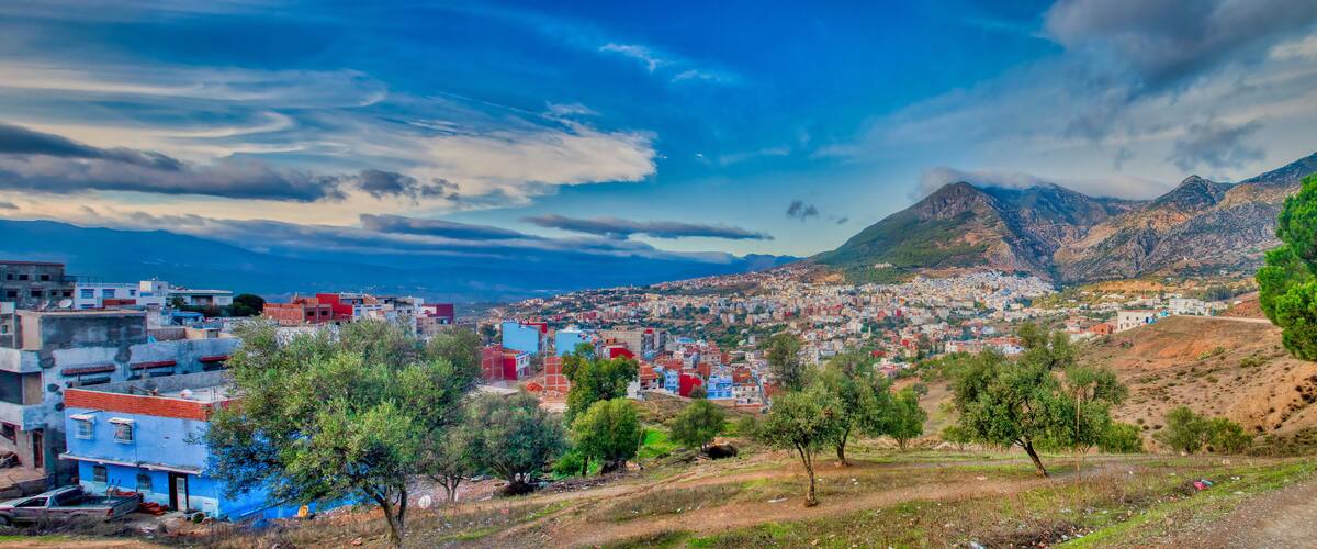 Panoramic view of the village of Chefchaouen, or Chaouen, a picturesque village in the Tangier-Tetouan region, visited by tourists from all over the world, located in northern Morocco
