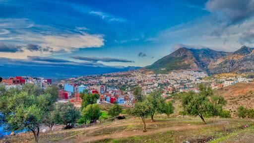 Panoramic view of the village of Chefchaouen, or Chaouen, a picturesque village in the Tangier-Tetouan region, visited by tourists from all over the world, located in northern Morocco