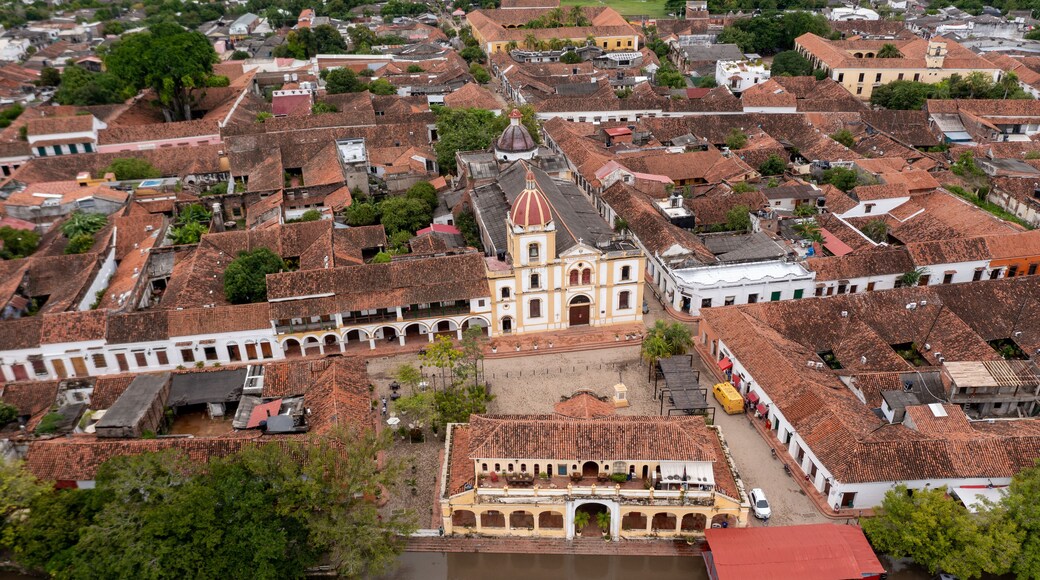 Aerial view of the main square of the town of Santa Cruz de Mompox and the port building on the banks of the Magdalena river. Bolivar Department .Colombia