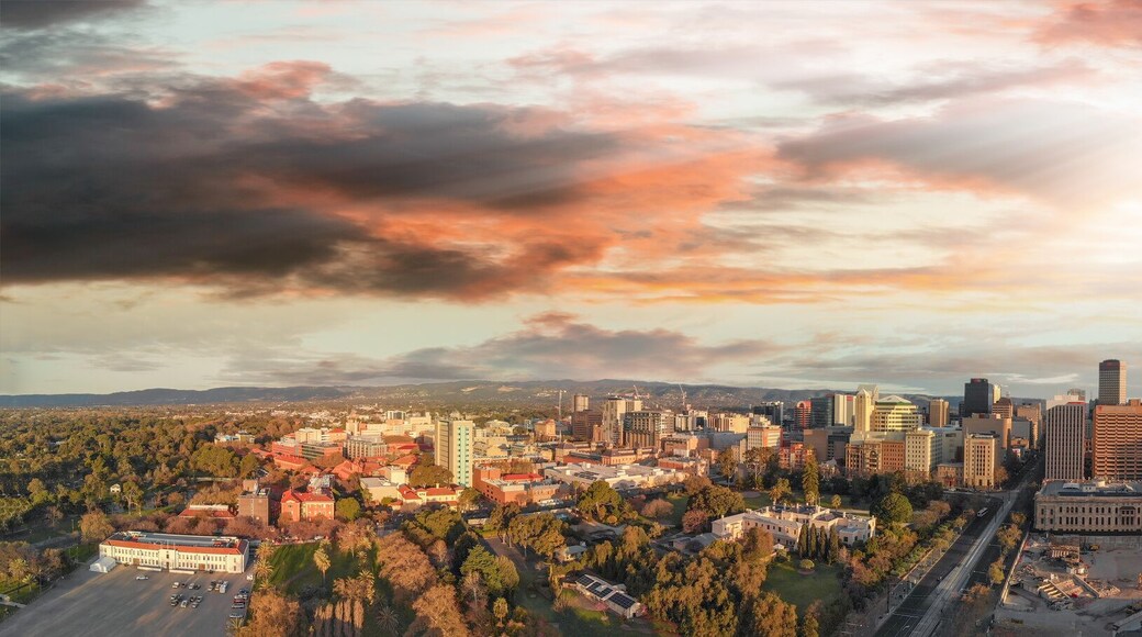 Stunning aerial panoramic view of Adelaide skyline at sunset, South Australia