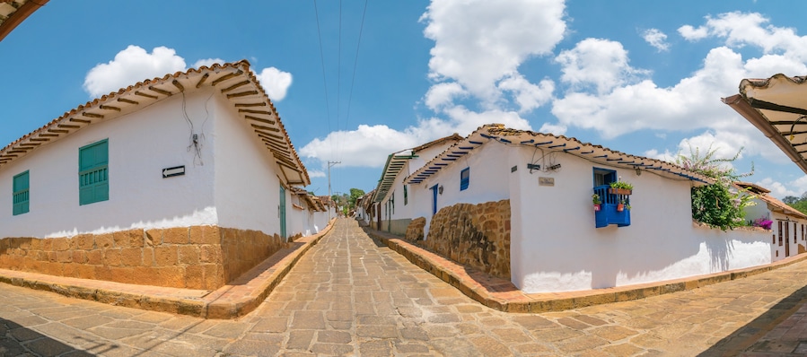 Barichara, Colombia, Santander, colonial street with white histo