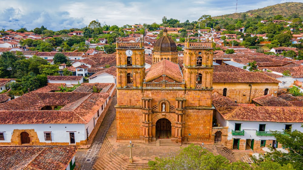 Aerial view of Barichara, Santander, Colombia, showcasing colonial architecture and cathedral