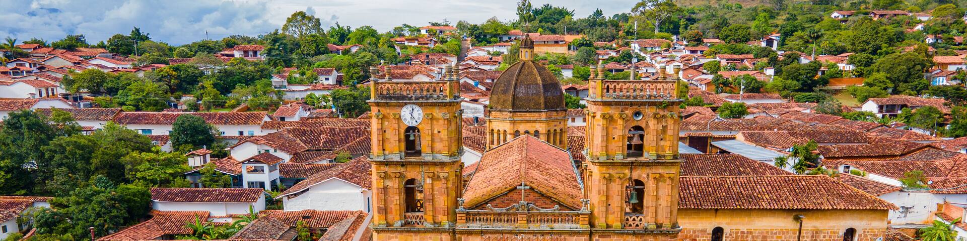 Aerial view of Barichara, Santander, Colombia, showcasing colonial architecture and cathedral