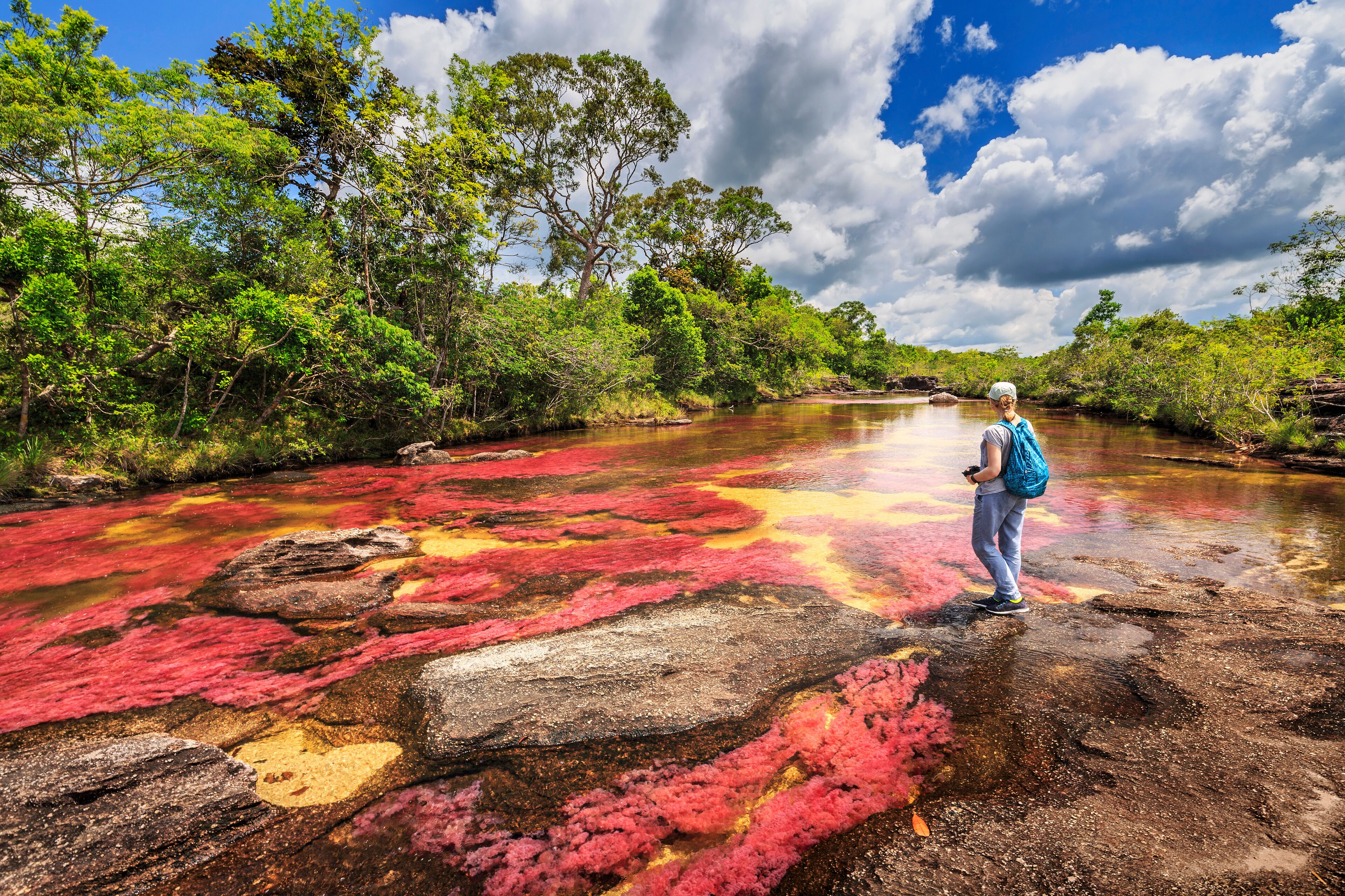 A person standing on a rocky riverbank with colorful mineral deposits.