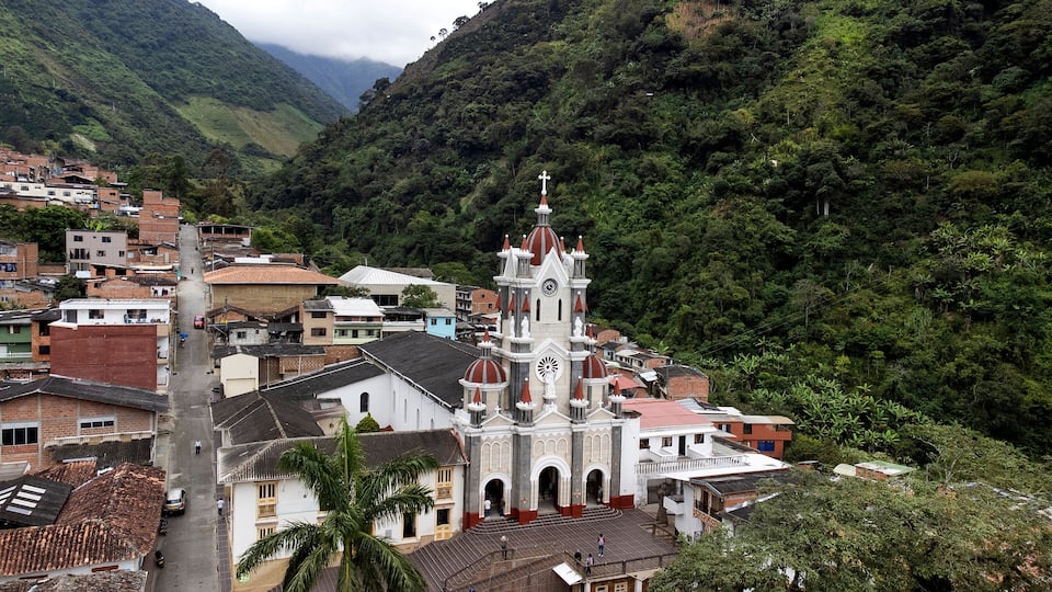 San Andres de Cuerquia, Antioquia - Colombia. August 31, 2025. Panoramic drone view of the town's main church.
