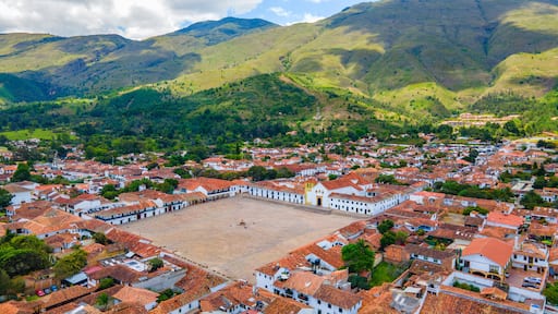 Aerial View of Villa de Leyva, Boyacá, Colombia with Scenic Mountains and Traditional Architecture