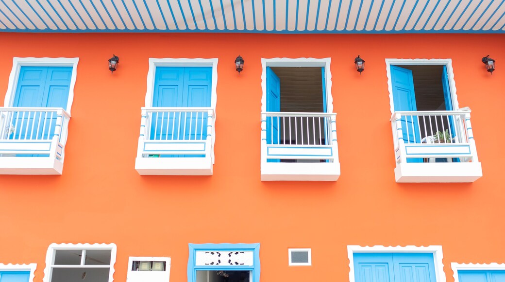 Balconies and windows of red, blue, green, yellow colors in the coffee region in Colombia.