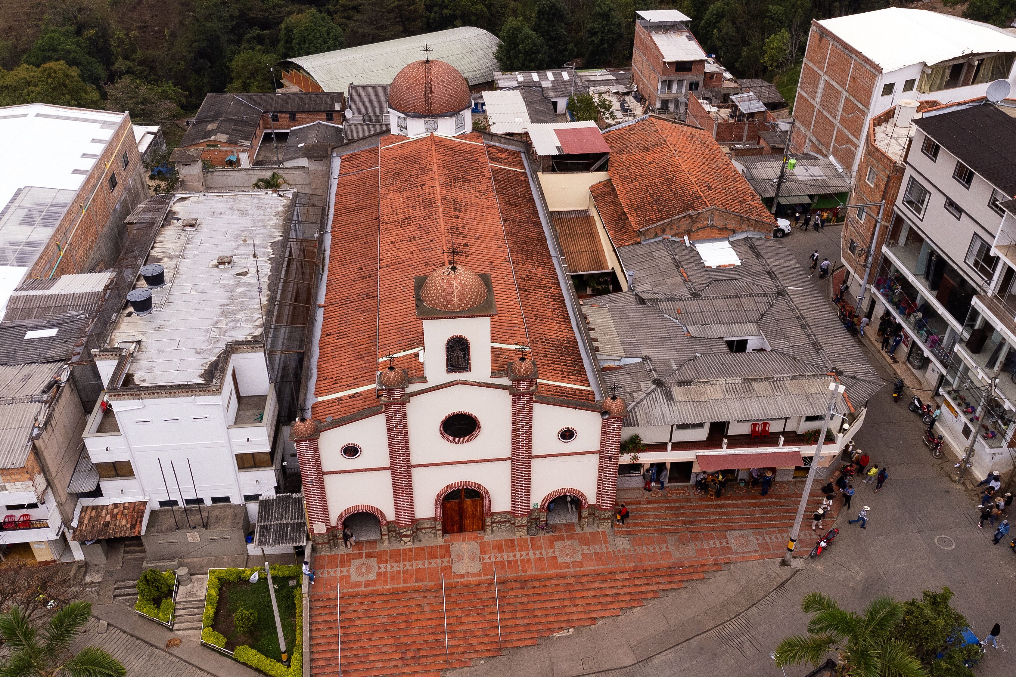 Caicedo, Antioquia - Colombia. March 17, 2024. Aerial view with drone of the municipality's church, of Catholic worship.