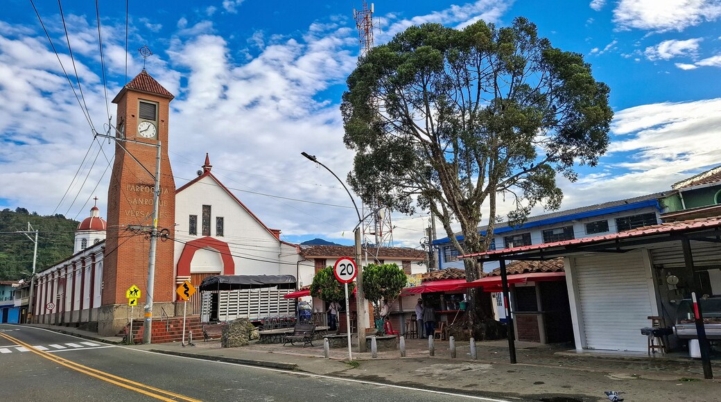Santa Barbara, Versalles, Antioquia, Colombia. October 5, 2025. Catholic parish located in the main park of the district