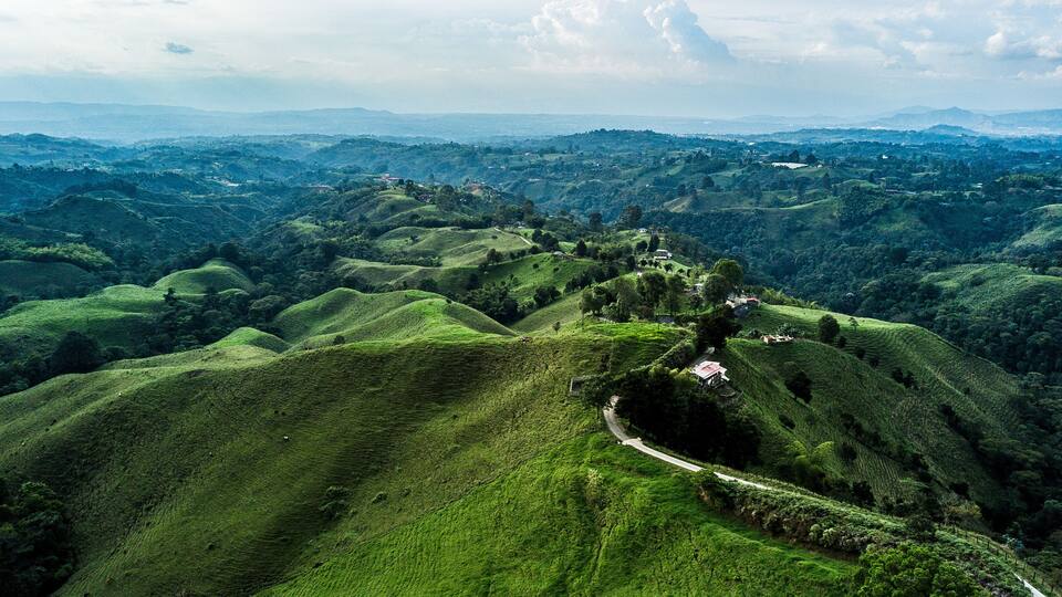 A lush green landscape with rolling hills and a winding road.
