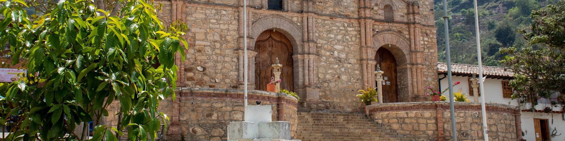 Facade of the Main Church of Aratoca, Santander, Colombia, on February 20, 2021