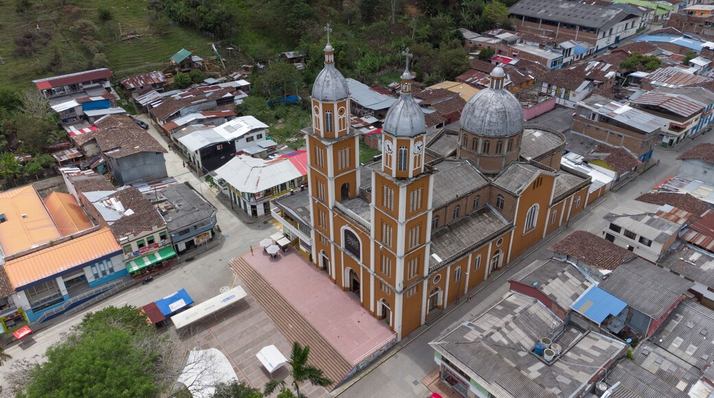Aerial view of the church of the municipality of Génova, Quindío, Colombia.
