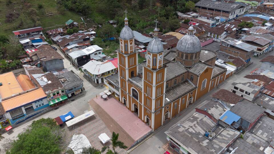 Aerial view of the church of the municipality of Génova, Quindío, Colombia.