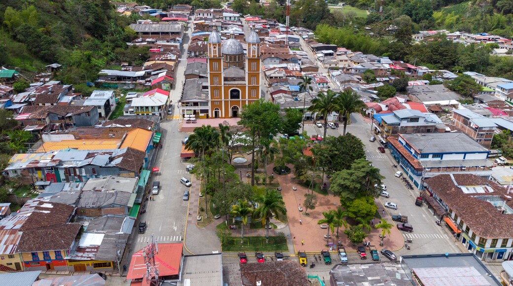 Aerial view of the main park and the church of the municipality of Génova, Quindío, Colombia.