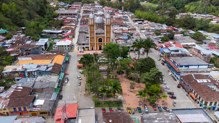 Aerial view of the main park and the church of the municipality of Génova, Quindío, Colombia.