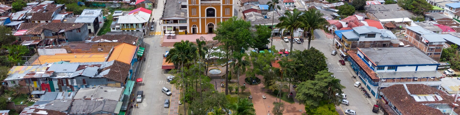 Aerial view of the main park and the church of the municipality of Génova, Quindío, Colombia.