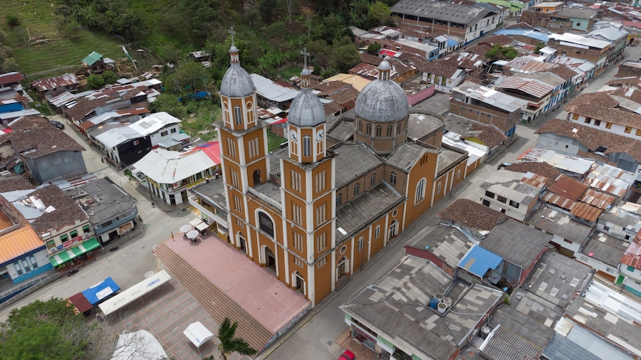 Aerial view of the church of the municipality of Génova, Quindío, Colombia.