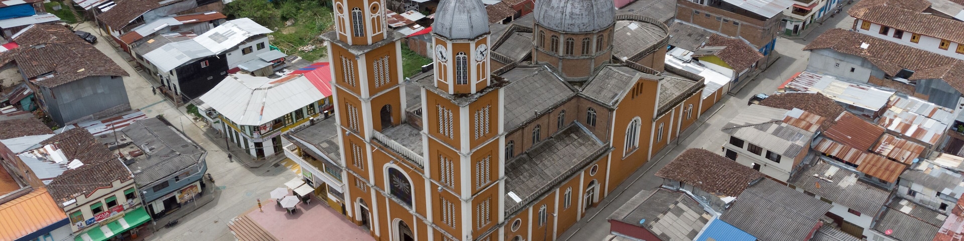 Aerial view of the church of the municipality of Génova, Quindío, Colombia.